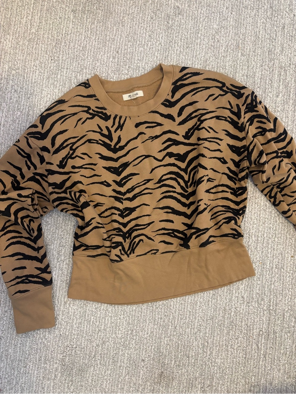 Madewell Tan and Black Tiger Stripe Crewneck Sweater